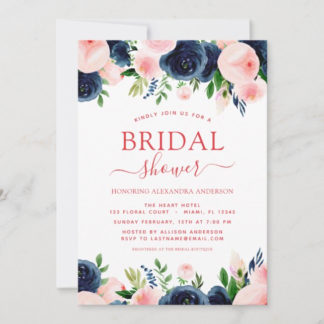 Invitación Bridal Shower Navy azul Rubor Floral rosa (Anverso)