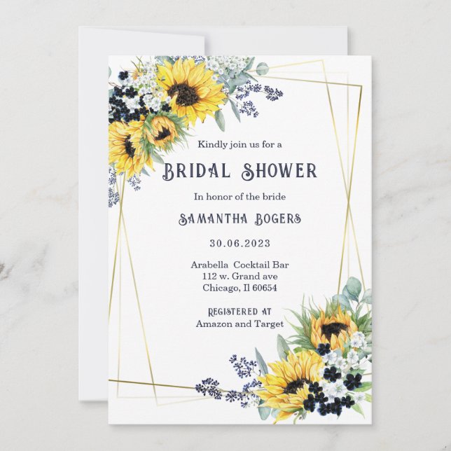 Invitación Bridal Shower Navy Blue and Sunflower (Anverso)