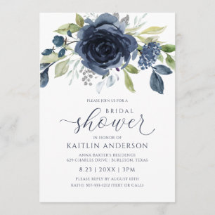 Invitación Bridal Shower Navy Blue Floral Watercolor Plata