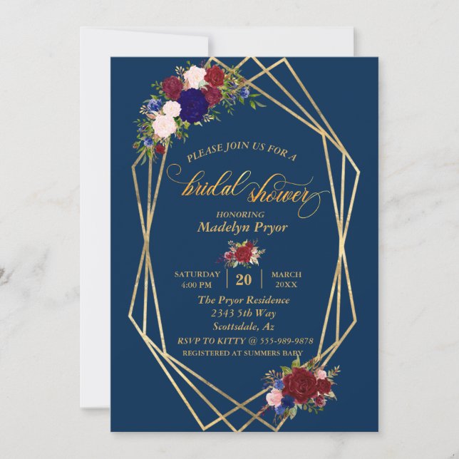 Invitación Bridal Shower Navy Borgoña Marco dorado GoldModern (Anverso)
