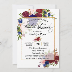 Invitación Bridal Shower Navy Burgundy Gold Frame Gold
