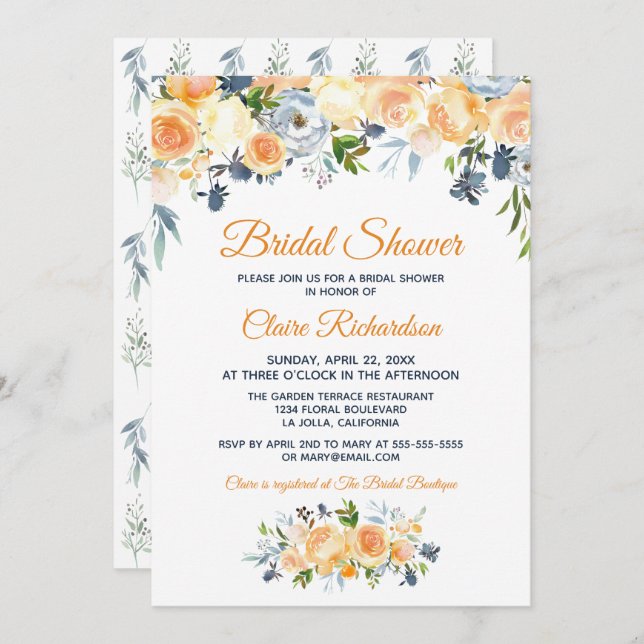 Invitación Bridal Shower Navy Coral Azul acuarela Floral (Anverso / Reverso)