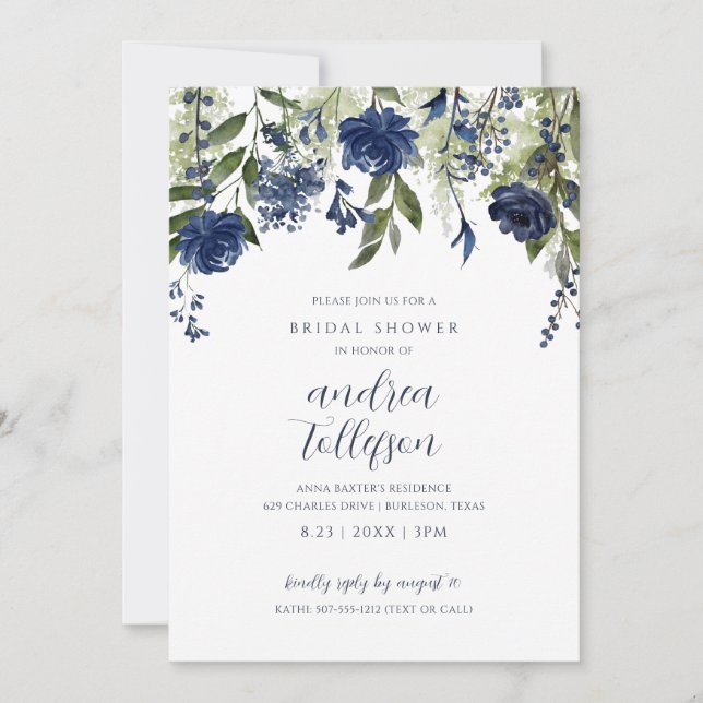 Invitación Bridal Shower Navy Floral azul Flor salvaje (Anverso)