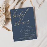 Invitación Bridal Shower Navy guión azul Minimalista<br><div class="desc">Minimalista Marina Azul y Oro Elegante y Moderno Script Bridal Shower for Back Autumn (otoño),  Invierno,  Primavera o Invitaciones de Verano - incluye hermosa y elegante tipografía de escritura para la celebración especial de Novia a Ser pre - Boda.</div>