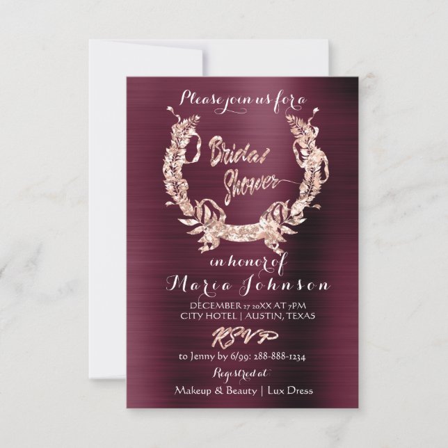 Invitación Bridal Shower Olive Wreath Rosa Gold Burgundy Red (Anverso)