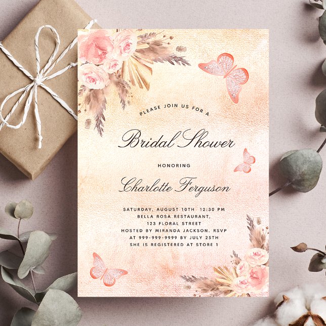 Invitación Bridal shower pampas grass blush butterfly (Subido por el creador)