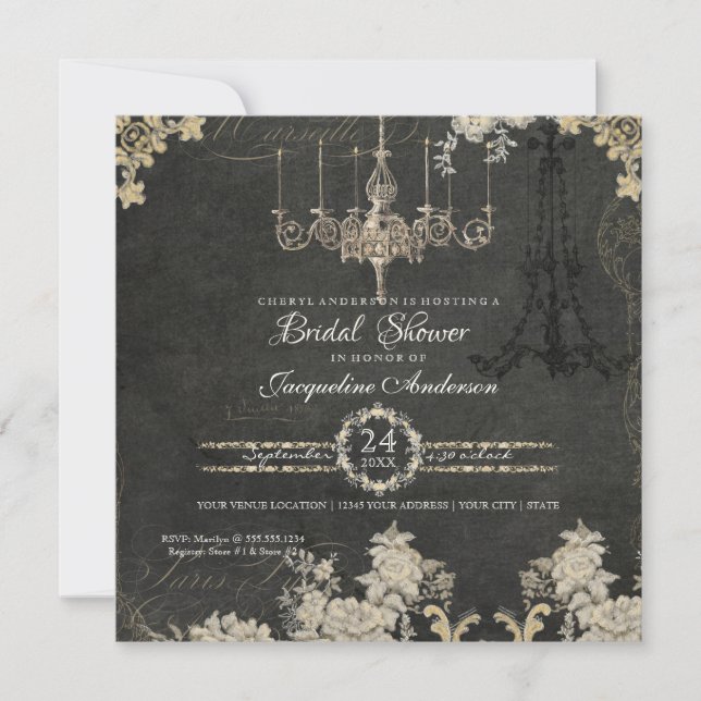 Invitación Bridal Shower Paris Chandelier Tipografía de época (Anverso)