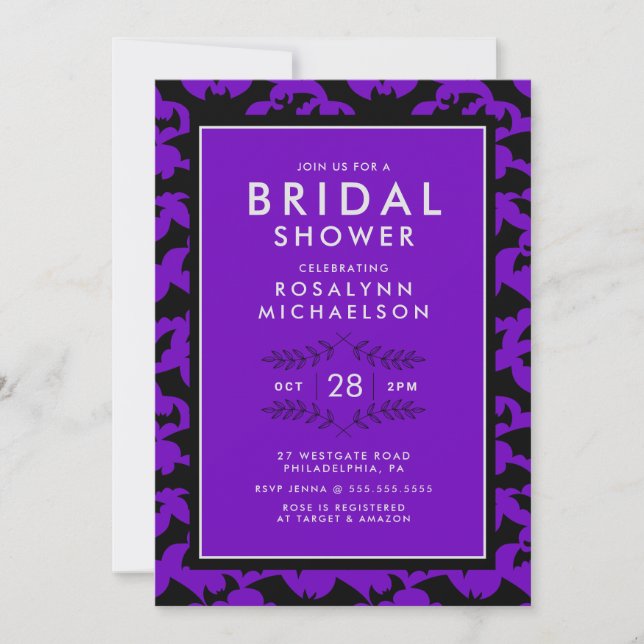 Invitación BRIDAL SHOWER | Patrón de murciélago púrpura de Ha (Anverso)