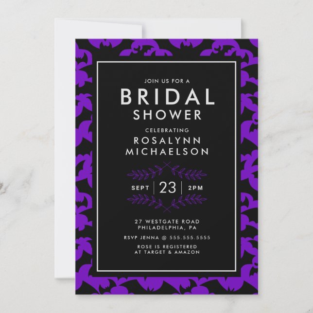 Invitación BRIDAL SHOWER | Patrón de murciélago púrpura de Ha (Anverso)