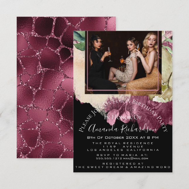 Invitación Bridal Shower Photo Floral Birthday Marsala Glitte (Anverso / Reverso)