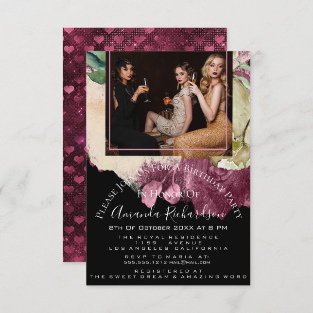 Invitación Bridal Shower Photo Floral Birthday Marsala Heart (Anverso / Reverso)