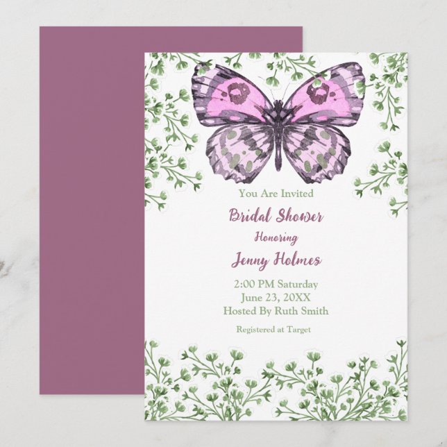 Invitación Bridal Shower Pink Butterfly Greeneration Invitaci (Anverso / Reverso)
