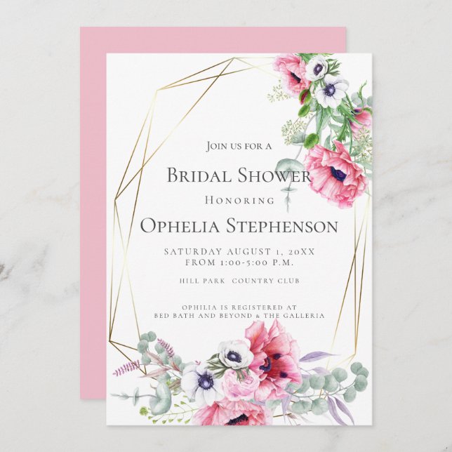 Invitación BRIDAL SHOWER | Popas color agua rosa (Anverso / Reverso)
