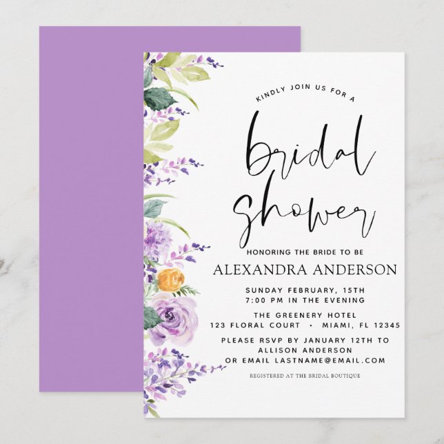 Invitación Bridal Shower Purple Floral Greeneration (Anverso / Reverso)
