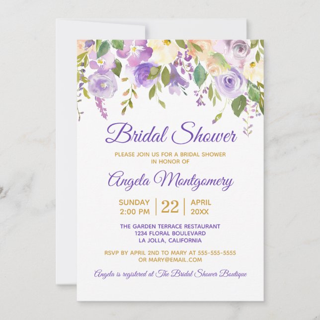Invitación Bridal Shower Purple Gold Watercolor Floral (Anverso)