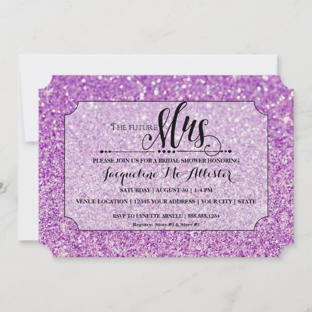 Invitación Bridal Shower Purple Purpurina Futuro Sra. Ticket (Anverso)