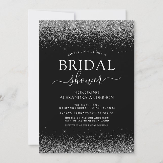 Invitación Bridal Shower Purpurina Black Silver Girly (Anverso)