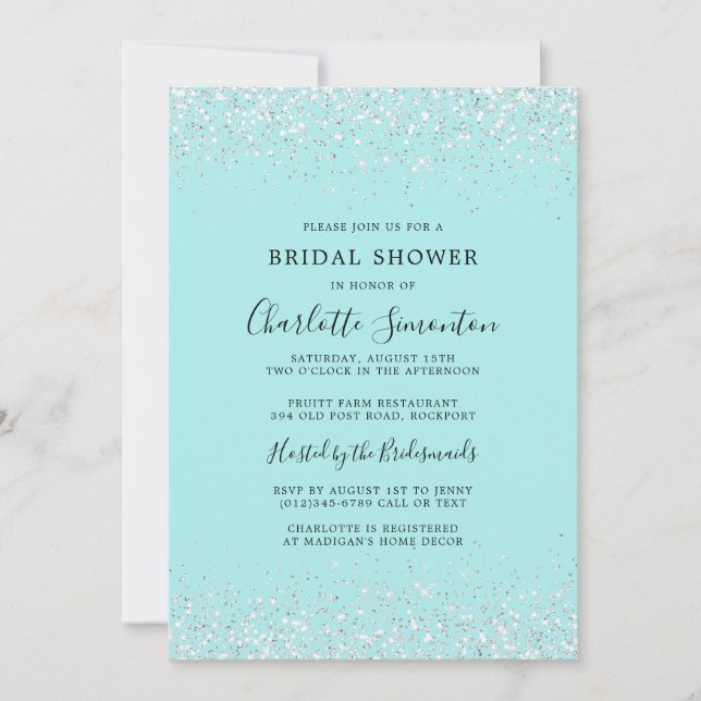 Invitación Bridal Shower Purpurina Silver Glam Verde azulado (Anverso)