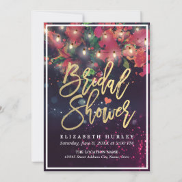 Invitación Bridal Shower Red Floral String Lights Gold Script