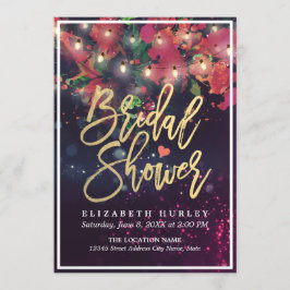 Invitación Bridal Shower Red Floral String Lights Gold Script