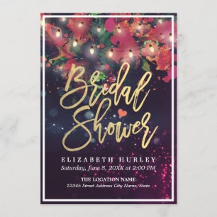 Invitación Bridal Shower Red Floral String Lights Gold Script