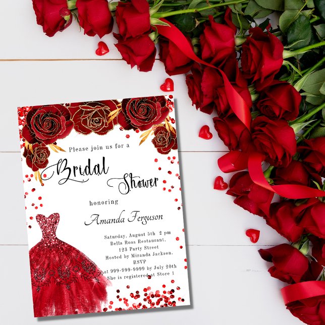 Invitación Bridal Shower rojo vestido blanco rosas flores luj (Subido por el creador)