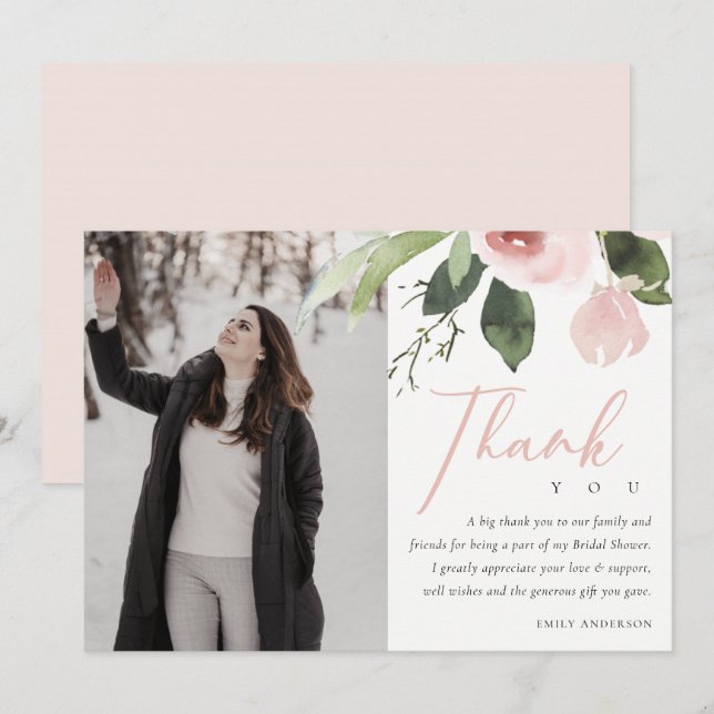 INVITACIÓN BRIDAL SHOWER, ROSA DE RUBOR DE ROPA SUAVE GRACIAS (Anverso / Reverso)