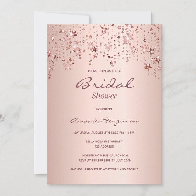Invitación Bridal Shower rosa estrellas de goteo de cobre de  (Anverso)
