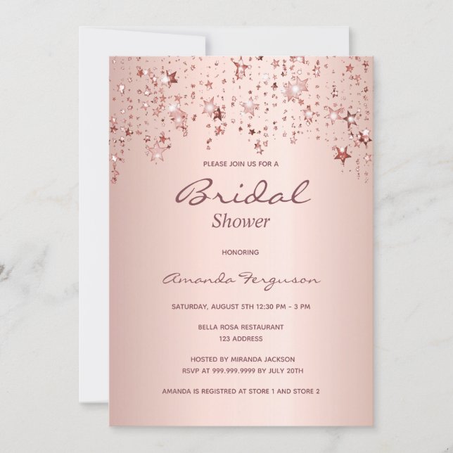 Invitación Bridal Shower rosa estrellas de goteo de cobre de  (Anverso)