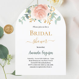 Invitación Bridal Shower rosa floral oro eucalipto verde