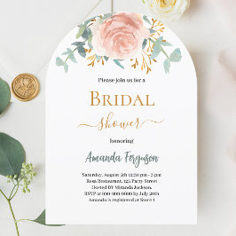 Invitación Bridal Shower rosa floral oro eucalipto verde