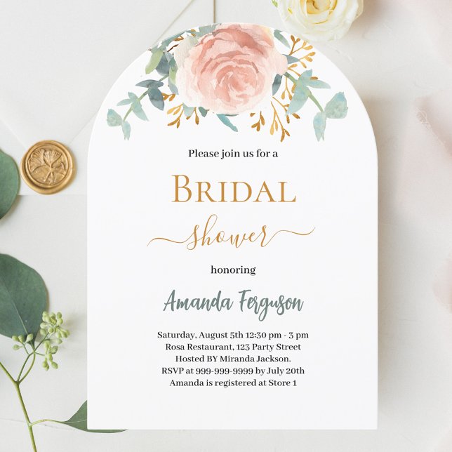Invitación Bridal Shower rosa floral oro eucalipto verde (Subido por el creador)