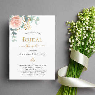 Invitación Bridal Shower rosa floral oro eucalipto verde