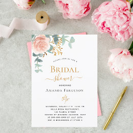 Invitación Bridal Shower rosa floral oro eucalipto verde