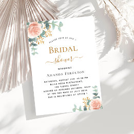Invitación Bridal Shower rosa floral oro eucalipto verde