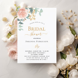 Invitación Bridal Shower rosa floral oro eucalipto verde