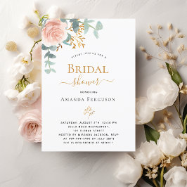 Invitación Bridal Shower rosa floral oro eucalipto verde
