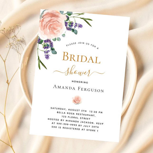 Invitación Bridal Shower rosa florender de lavanda dorada (Subido por el creador)