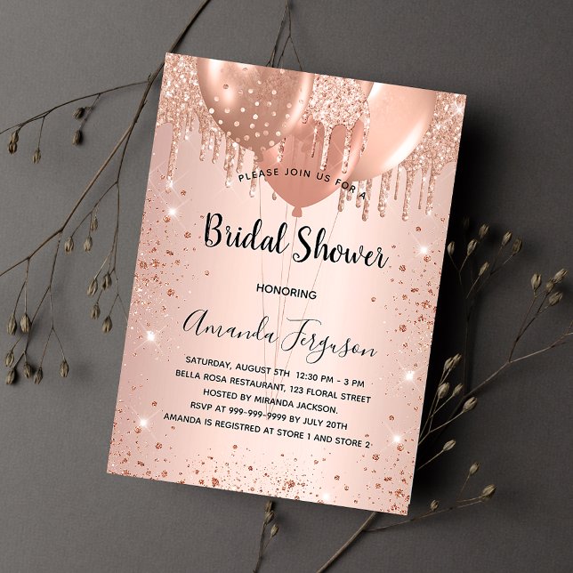 Invitación Bridal Shower rosa globos purpurinas de oro de luj (Subido por el creador)