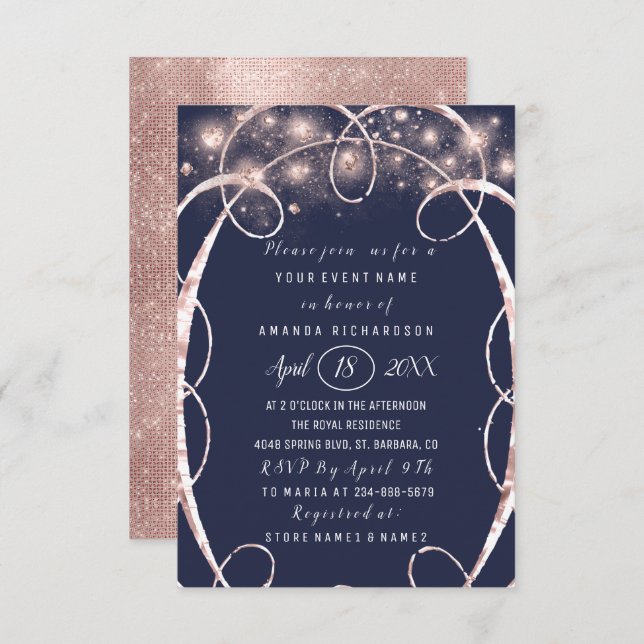 Invitación Bridal Shower Rosa Gold Confetti Blue Navy (Anverso / Reverso)