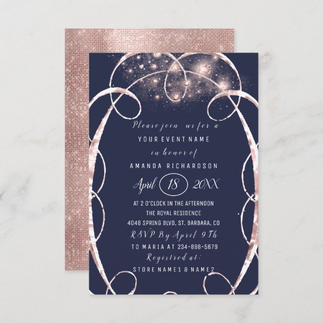 Invitación Bridal Shower Rosa Gold Confetti Blue Navy (Anverso / Reverso)