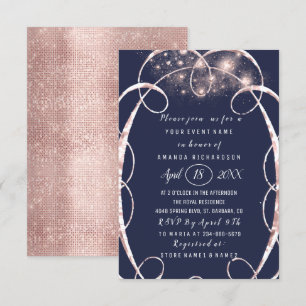 Invitación Bridal Shower Rosa Gold Confetti Blue Navy