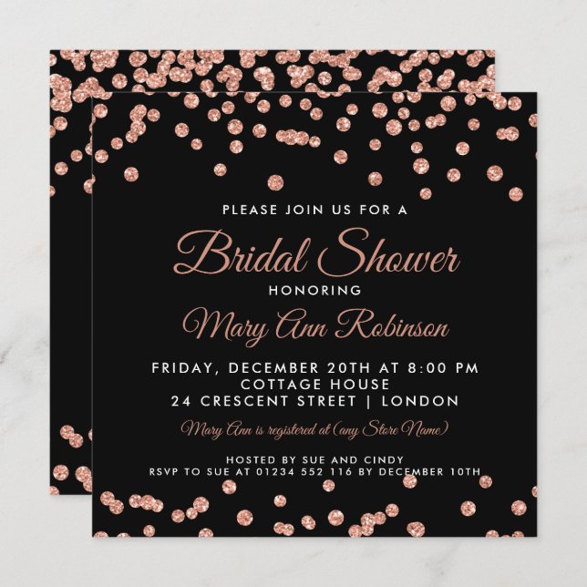 Invitación Bridal Shower Rosa Gold Faux Purpurina Confetti Bl (Anverso / Reverso)