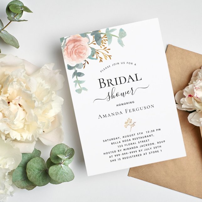 Invitación Bridal Shower rosa oro eucalipto floral vegetación (Subido por el creador)