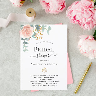 Invitación Bridal Shower rosa oro eucalipto floral vegetación
