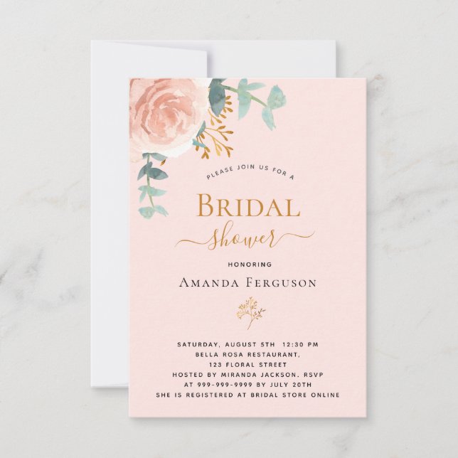 Invitación Bridal Shower rosa oro floral eucalipto elegante (Anverso)