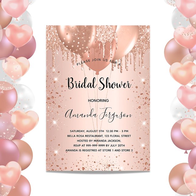 Invitación Bridal Shower rosa purpurina de oro lanza globos (Subido por el creador)