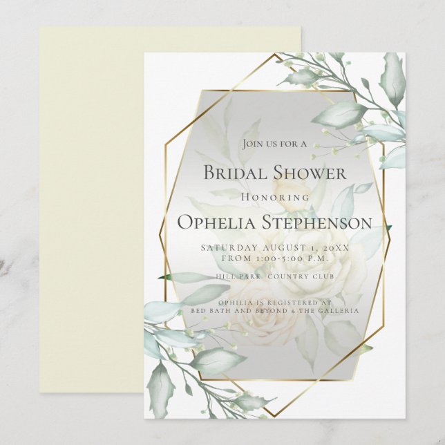 Invitación BRIDAL SHOWER | Rosa Rubor marfil-amarillo acuarel (Anverso / Reverso)