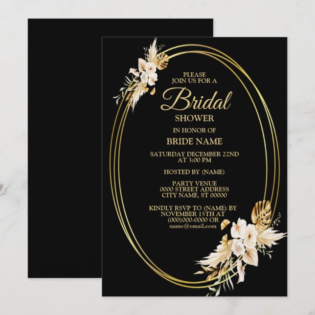 Invitación Bridal Shower Rubor Floral rosa Dorada Negro (Anverso / Reverso)