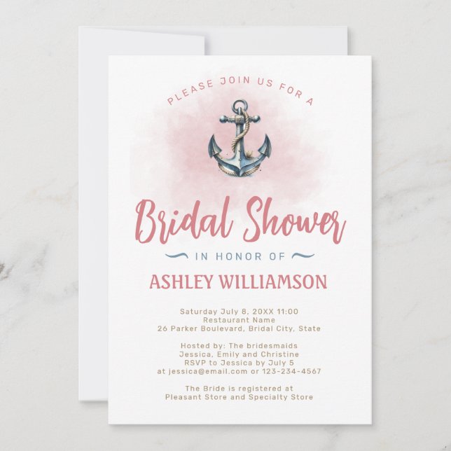 Invitación Bridal Shower Rubor Nautical Anchor (Anverso)
